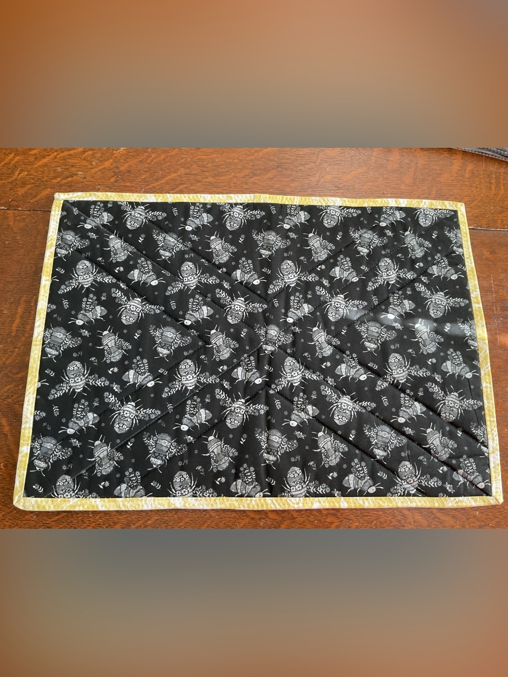 Handmade Quilted Large Hot Pad - Bee w/ Yellow Trim